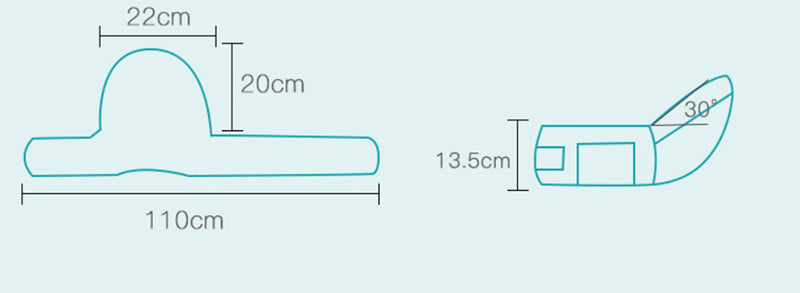 Measurement chart of a product with dimensions labeled in centimeters on a light blue background. bleu ribbon baby