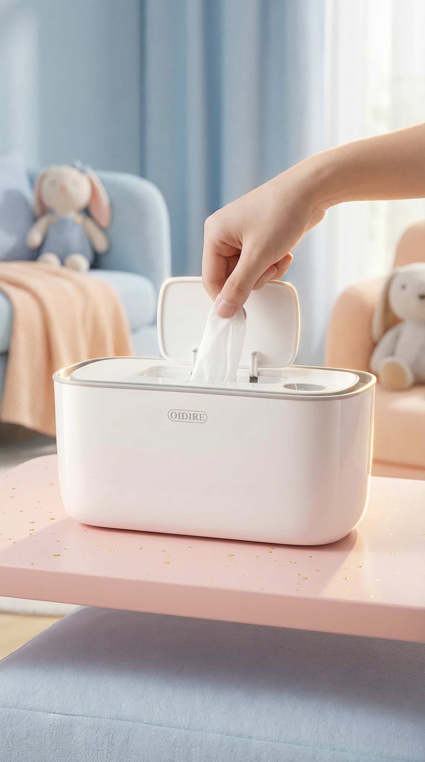 Person using a white tissue box on a pink surface with a blurred background BleuRibbon Baby Electric Wipe Warmer with adjustable thermostat and LED display, energy-efficient and durable.