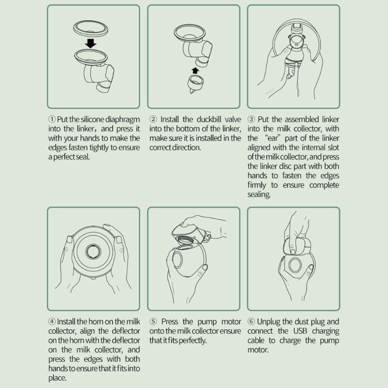 Step-by-step assembly instructions for a milk collector system on a light green background. bleu ribbon