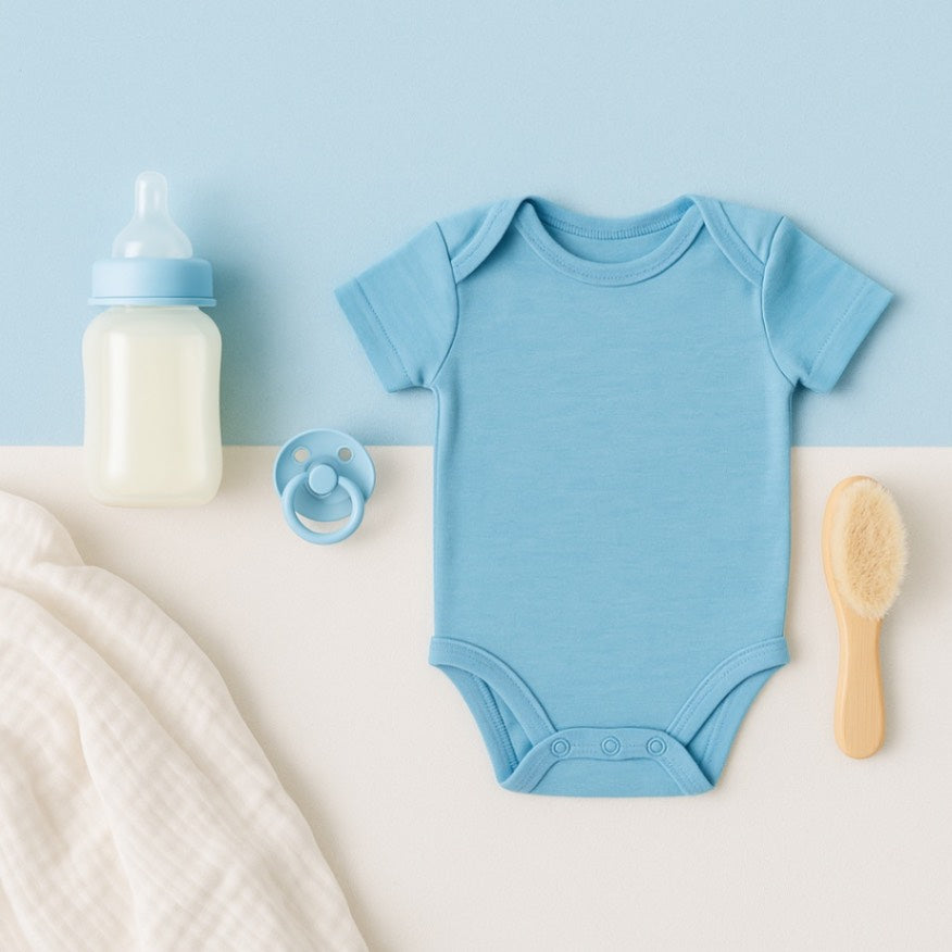 Square flat lay of curated baby essentials—bottle, swaddle, pacifier and onesie—on a soft pastel background.