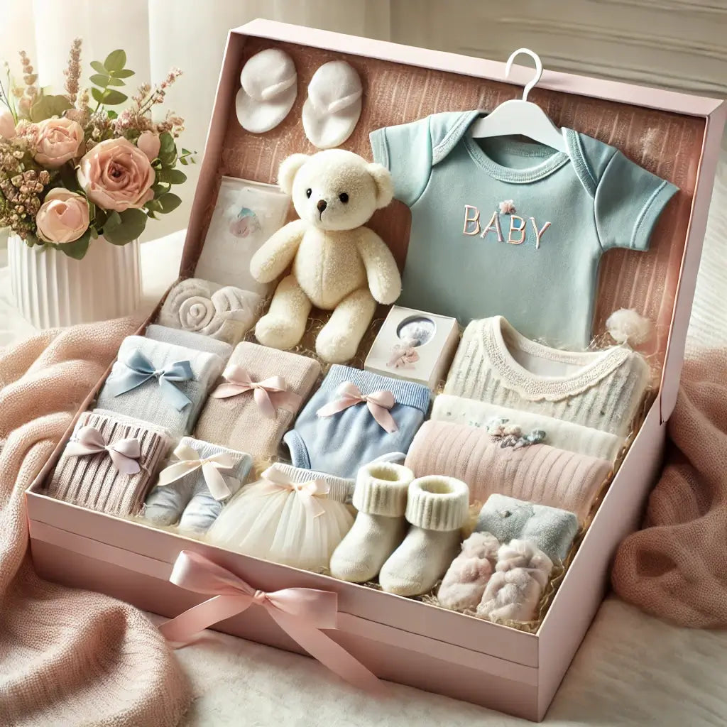 Elegant newborn baby gift box with soft fabrics, onesies, socks, and plush toy in pastel packaging – perfect for gifting.