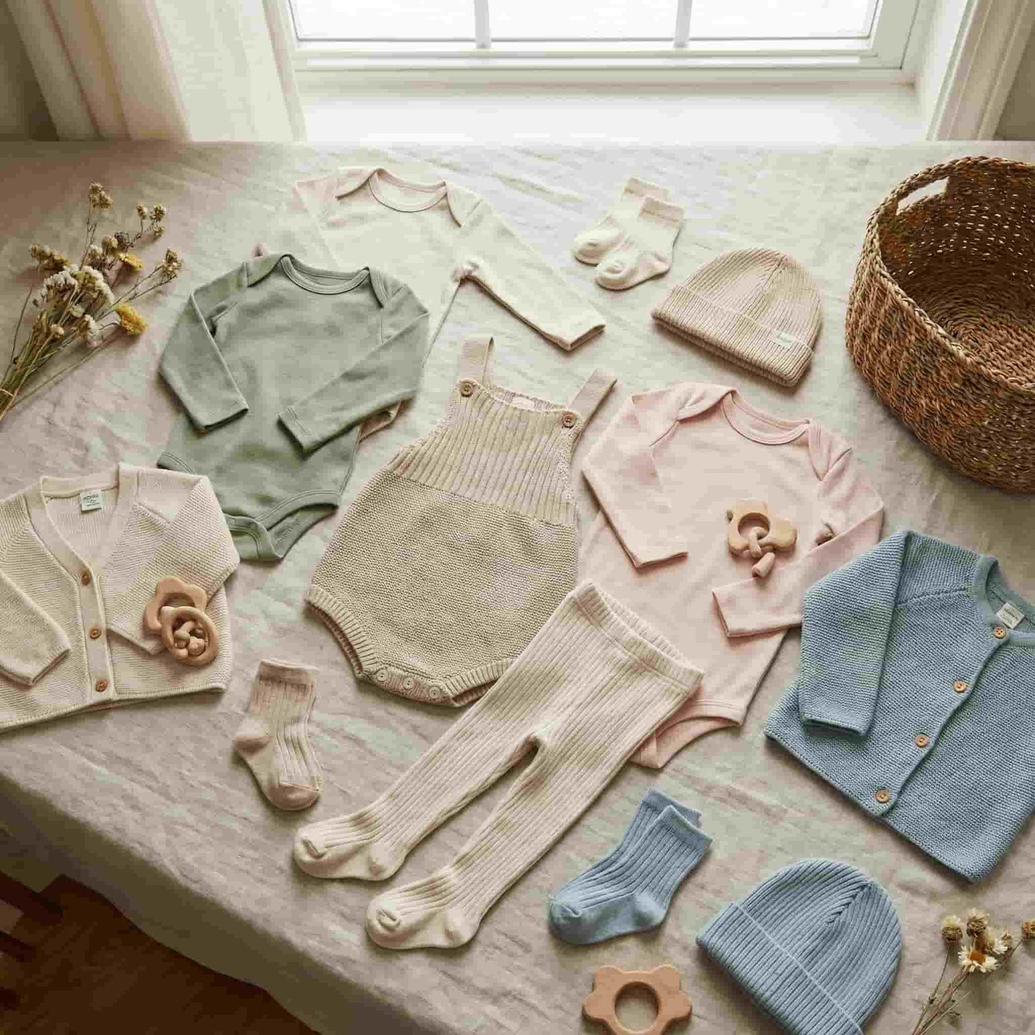 A beautifully arranged collection of stylish baby clothing, including soft onesies, cozy sweaters, tiny shoes, and adorable outfits, neatly displayed in a boutique setting.