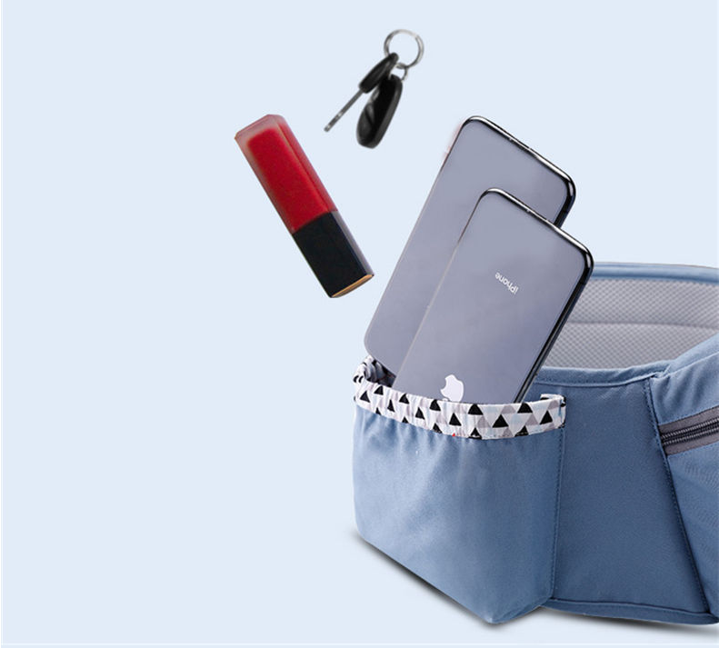 Blue travel organizer with phone, keys, and lipstick on a light blue background bleu ribbon baby