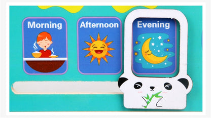 Educational time-of-day chart with illustrations and a panda character on a blue background bleu ribbon baby