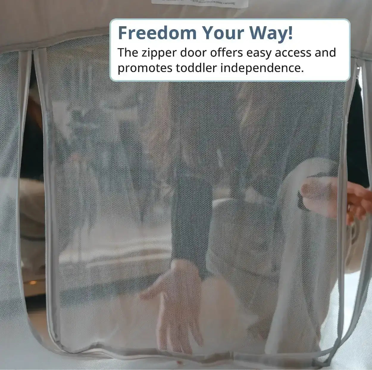 Child using a mesh playpen with text about zipper door benefits. All Stars JOY Baby Playpen Natural Edition by Venture
