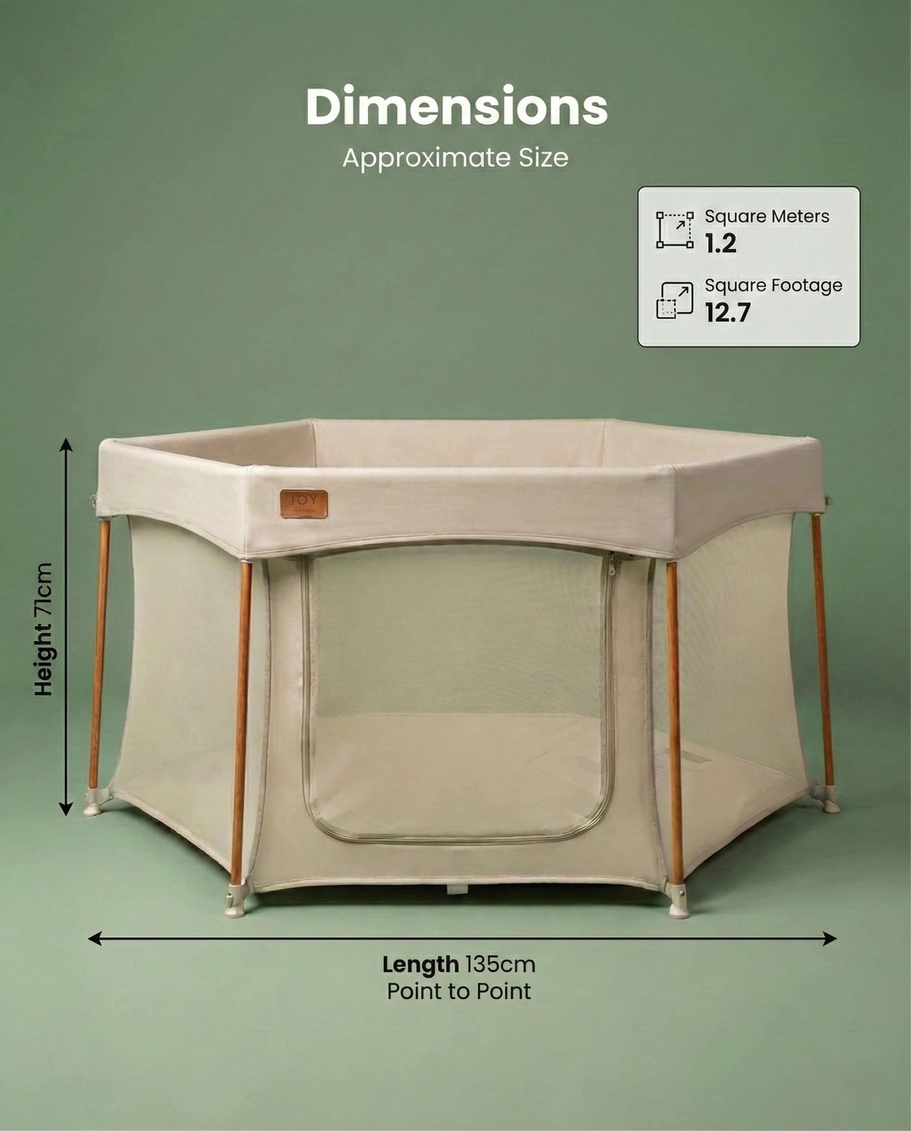 All Stars JOY Baby Playpen Natural Edition by Venture. Hexagonal playpen with dimensions displayed on a green background