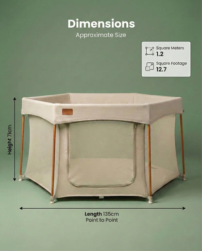 All Stars JOY Baby Playpen Natural Edition by Venture. Hexagonal playpen with dimensions displayed on a green background