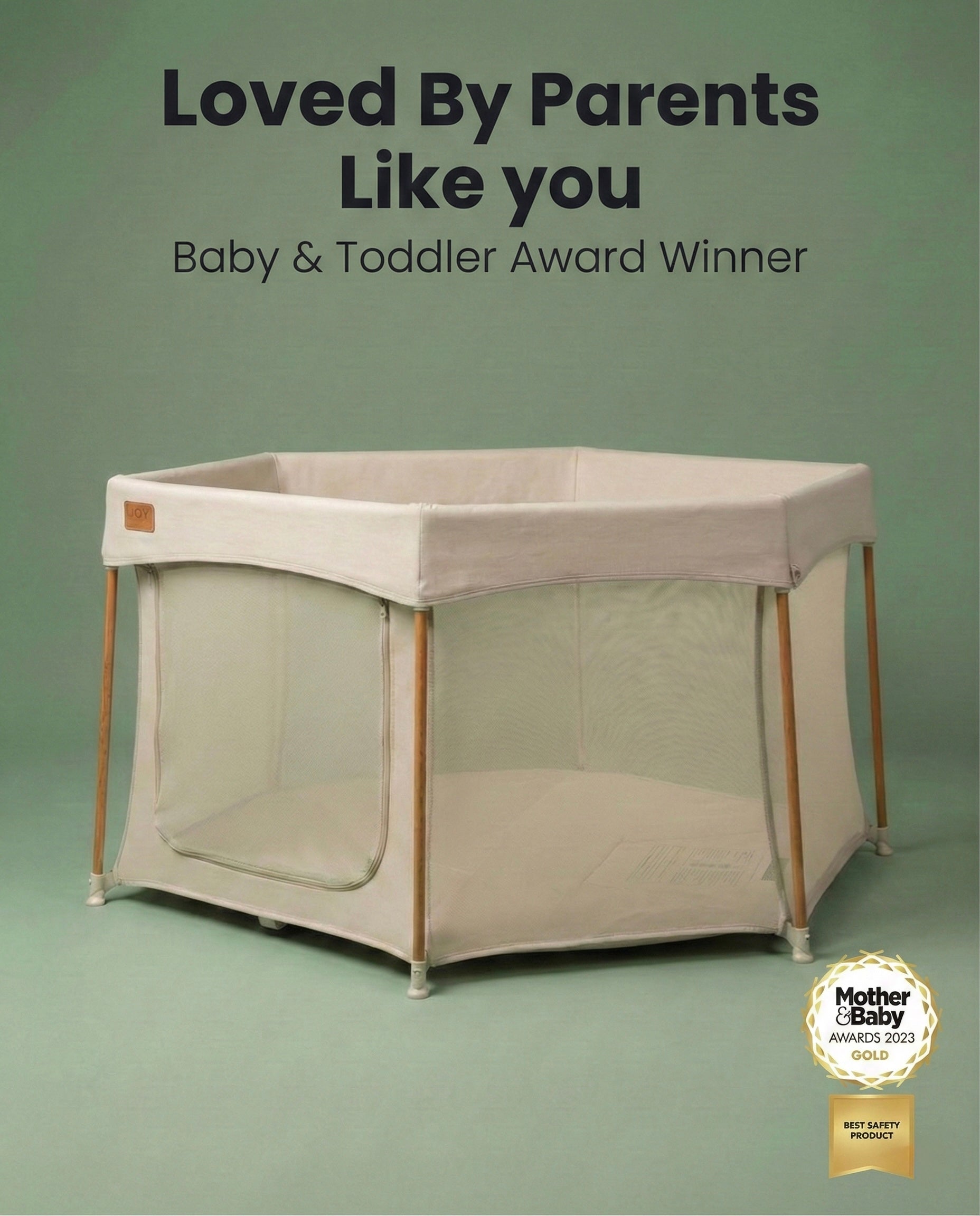 All Stars JOY Baby Playpen Natural Edition by Venture. Baby playpen with 'Loved By Parents Like You' text and award badge.
