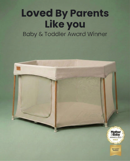 All Stars JOY Baby Playpen Natural Edition by Venture. Baby playpen with 'Loved By Parents Like You' text and award badge.