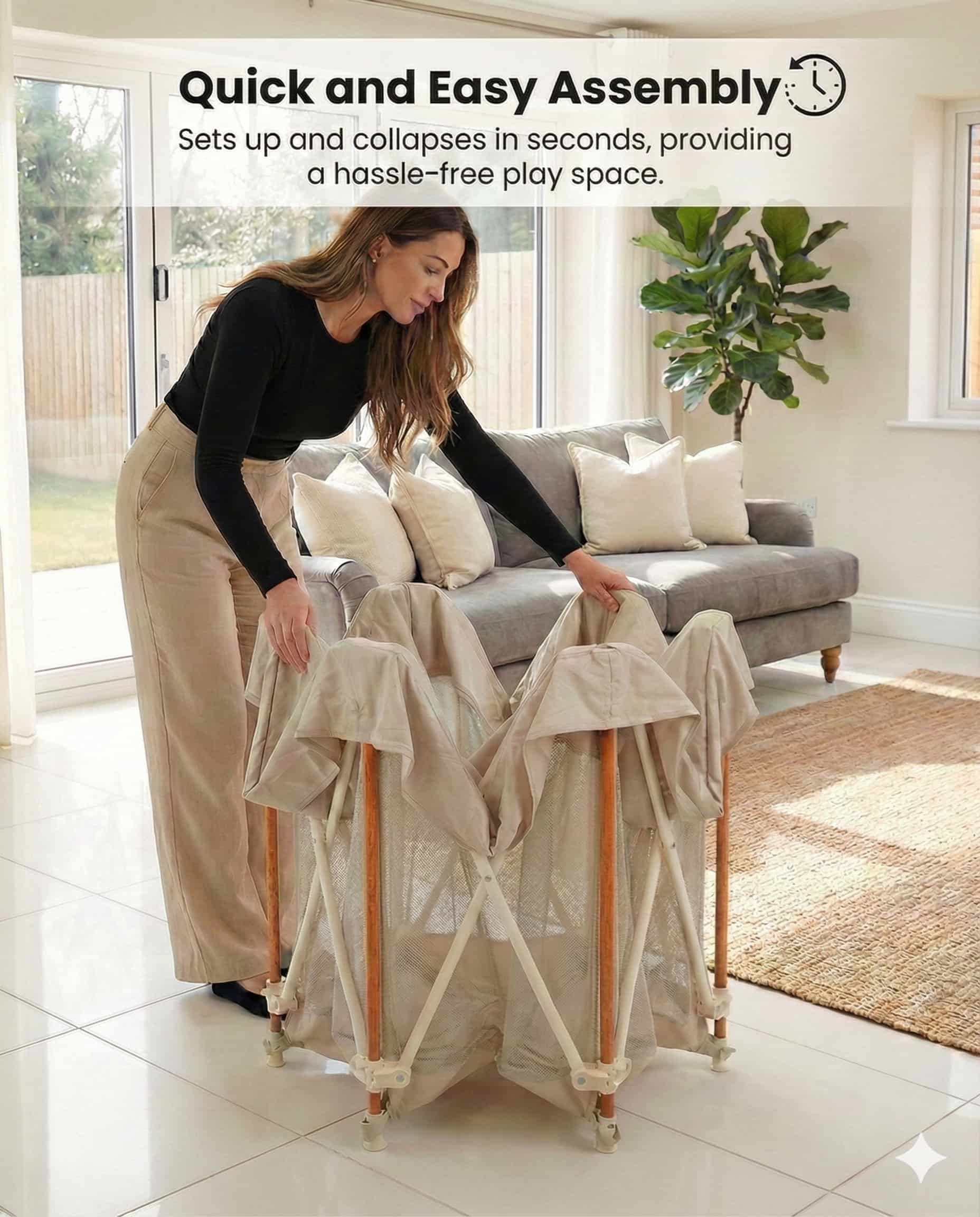 All Stars JOY Baby Playpen Natural Edition by Venture. Woman setting up a portable playpen in a living room with text about quick and easy assembly.