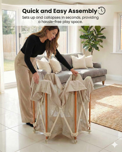 All Stars JOY Baby Playpen Natural Edition by Venture. Woman setting up a portable playpen in a living room with text about quick and easy assembly.
