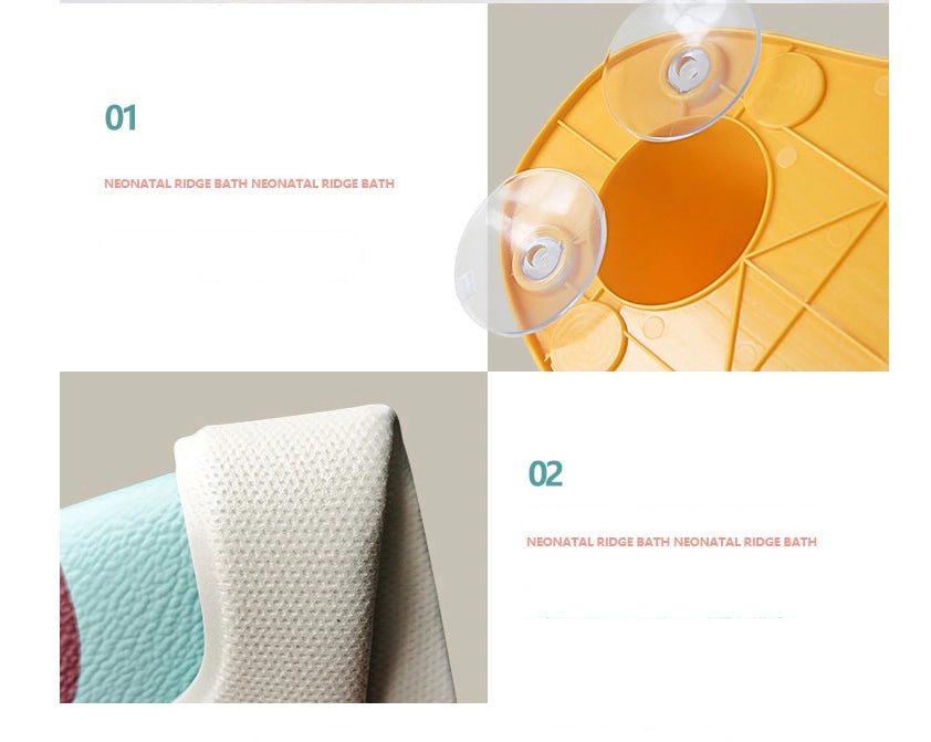 Collage of a neonatal ridge bath with close-up details on a light gray background. baby bath anti slip seat