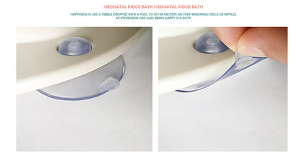 Two images showing a neonatal ridge bath with a hand holding it. Baby sath seat anti slip bleu ribbon