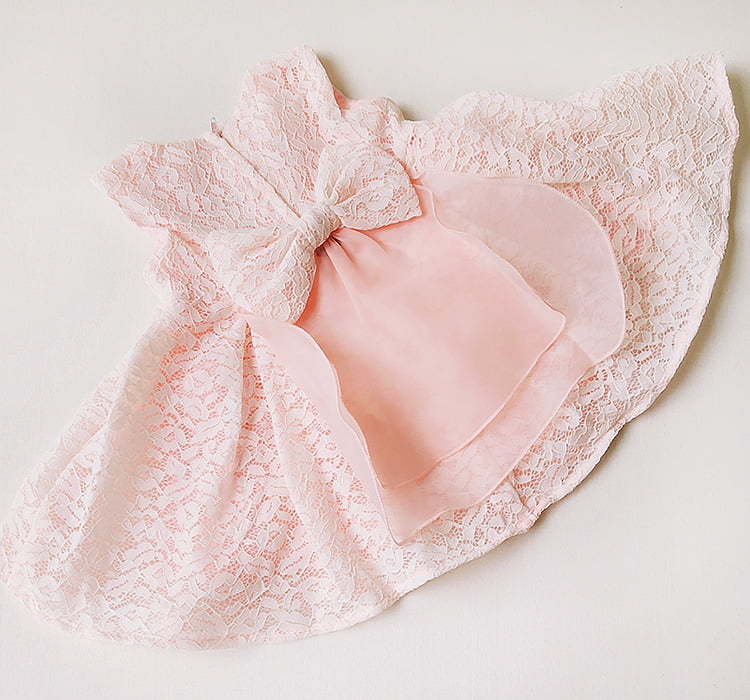 Pink lace headband with a bow on a light background bleuribbon baby Baby Girl Lace Dress Gift Box Christening Birthday Outfit