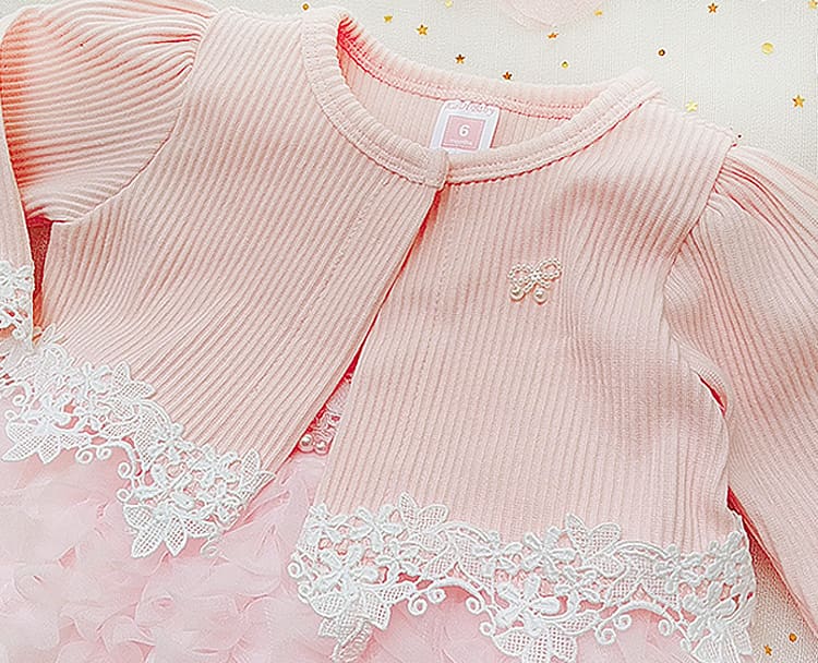 Pink baby outfit with lace details on a white background Baby Girl Lace Dress Gift Box Christening Birthday Outfit bleu ribbon