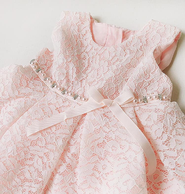 Pink lace dress with a bow on a white background Baby Girl Lace Dress Gift Box Christening Birthday Outfit bleu ribbon