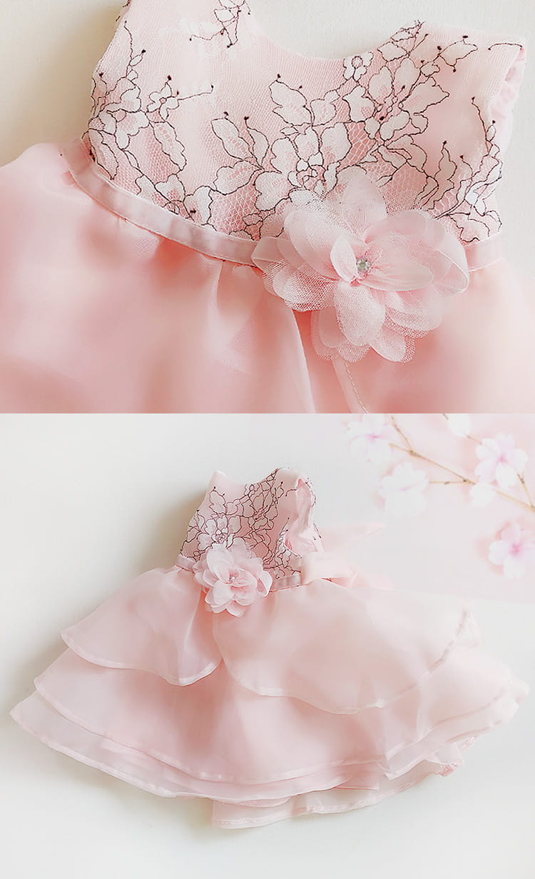 Close-up of a pink dress with floral embroidery on a white background Baby Girl Lace Dress Gift Box Christening Birthday Outfit bleu ribbon