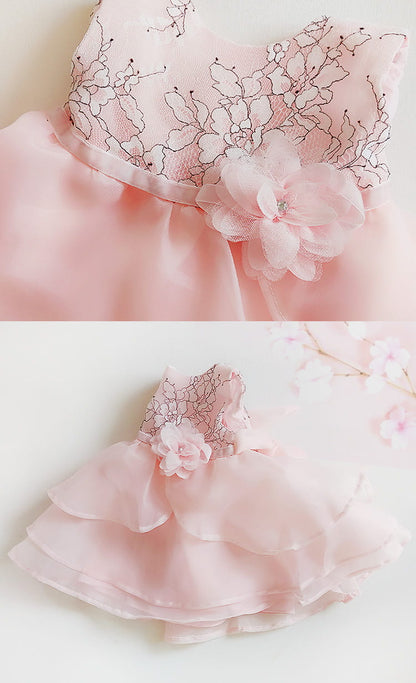 Close-up of a pink dress with floral embroidery on a white background Baby Girl Lace Dress Gift Box Christening Birthday Outfit bleu ribbon