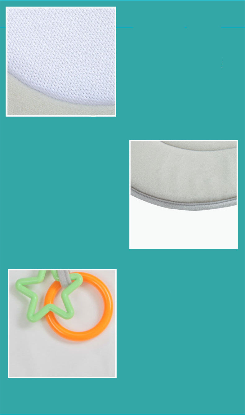 Collage of baby products including a white mattress, gray bumper, and green and orange teething ring on a teal background.