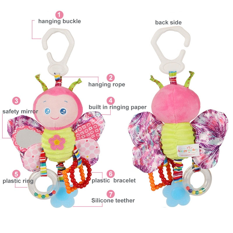 Butterfly-shaped baby toy with labeled parts on a white background Baby Stroller & Crib Toy Hanging Plush Sensory Animals bleu ribbon