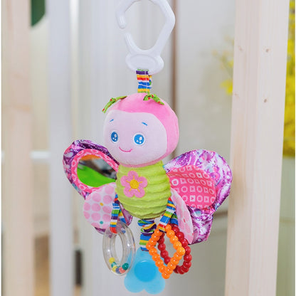 Colorful butterfly-shaped baby toy with rattle and teether on a white background bleu ribbon