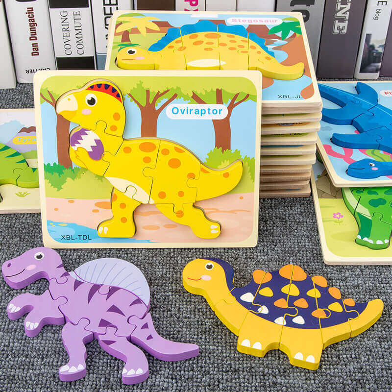 Baby Wooden Cartoon Dinosaur 3D Puzzle Jigsaw - Montessori Early Learning Educational Toys BleuRibbon Baby