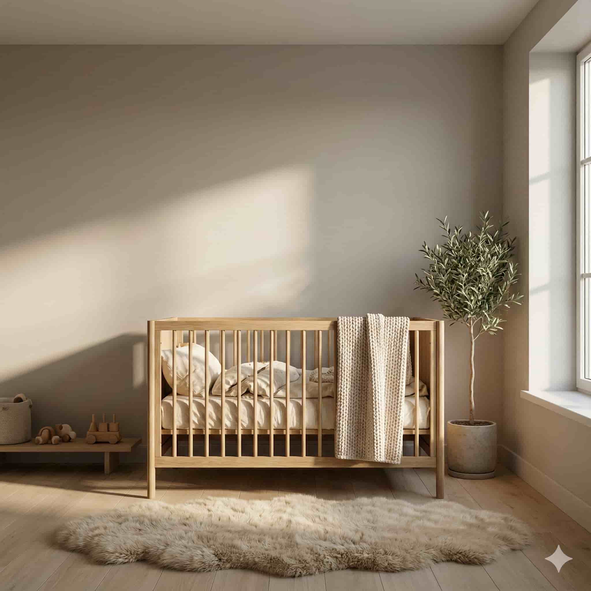 Wooden crib in a bright nursery with a plant and rug