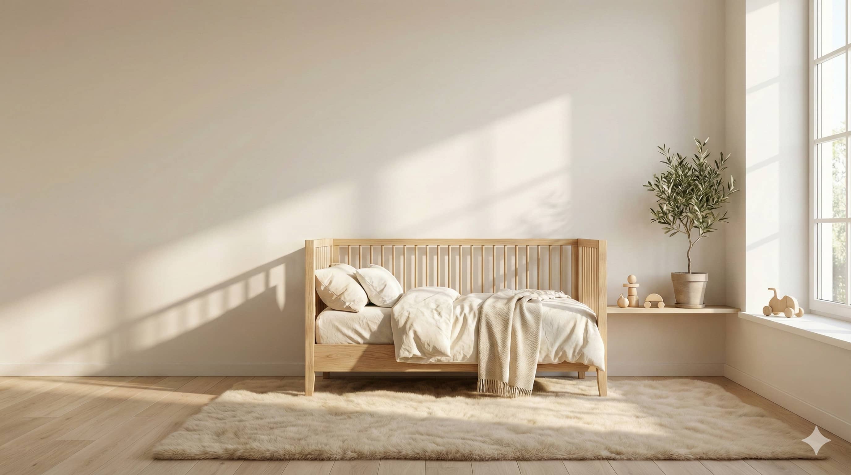 Wooden bed in a bright bedroom with sunlight streaming through a window.