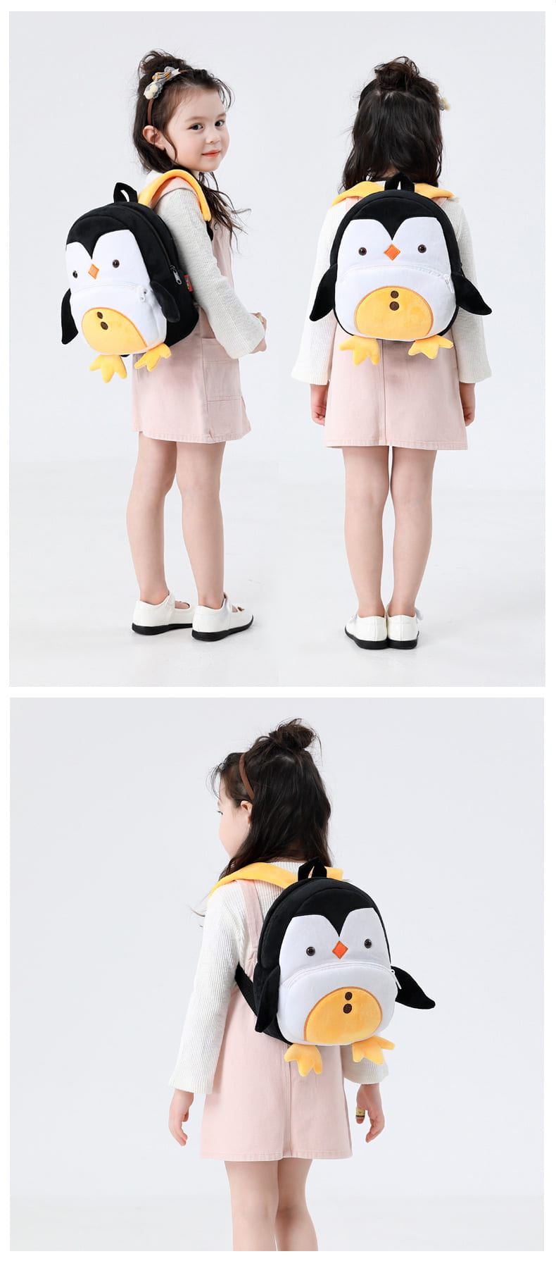 Child wearing a penguin backpack from front, side, and back views. bleu ribbon