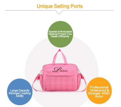 Pink bag with features highlighted on a white background bleu ribbon