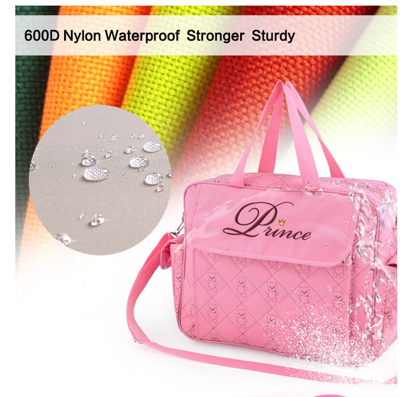 Pink bag with 'Prince' branding and water droplets on fabric, labeled 600D Nylon Waterproof. bleu ribbon