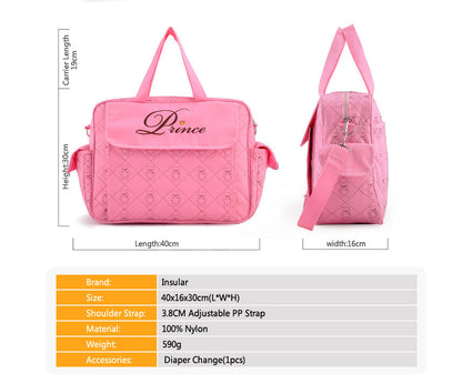 Pink diaper bag with 'Prince' branding, shown from multiple angles with dimensions and product details. bleu ribbon
