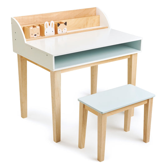 Children's desk and chair set with a white top and light wood legs on a white background. Children's Wooden Desk and Chair Set by Tender Leaf Toys - Sustainable study station