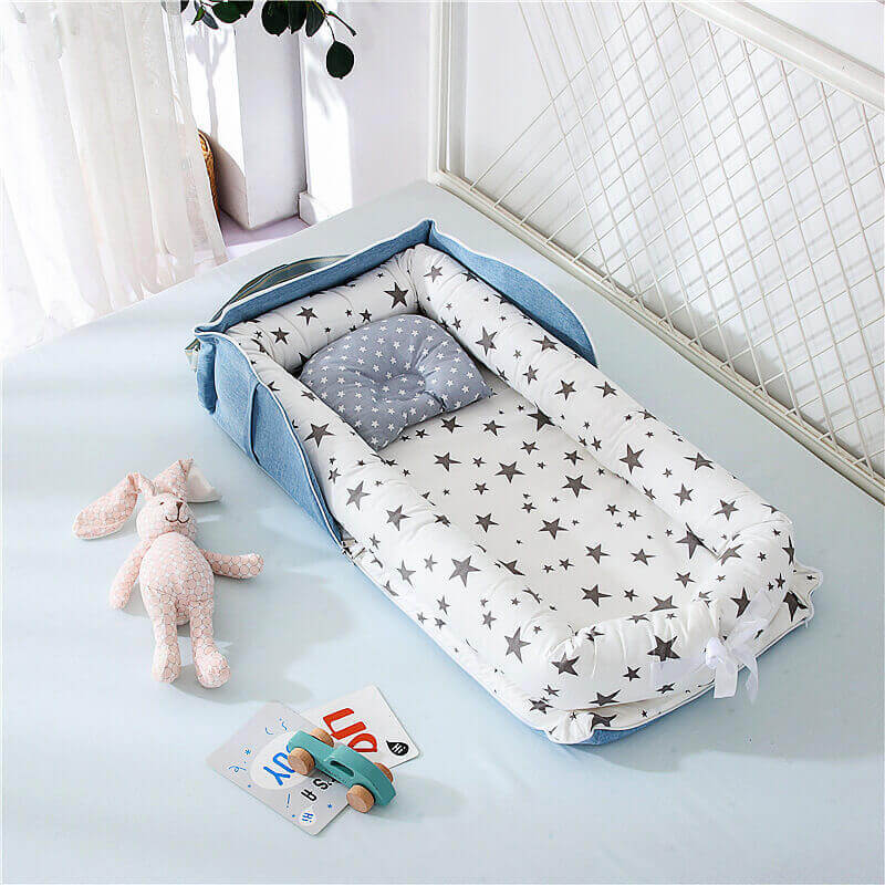 Portable Baby Bed - Breathable Cotton Foldable Baby Lounger BleuRibbon Baby