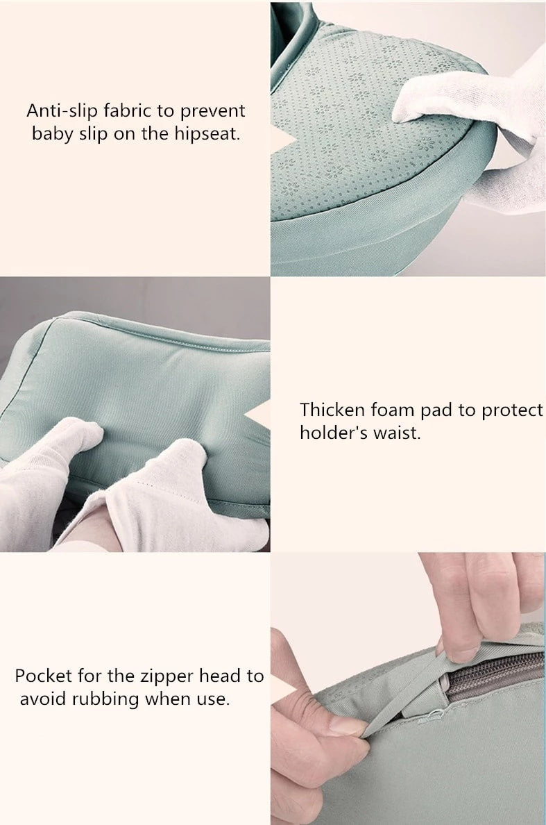 Collage of features of a baby hip seat with anti-slip fabric, thick foam pad, and pocket for zipper head. bleu ribbon
