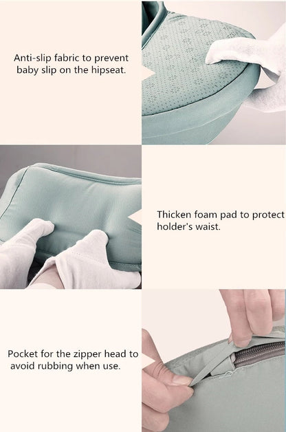 Collage of features of a baby hip seat with anti-slip fabric, thick foam pad, and pocket for zipper head. bleu ribbon