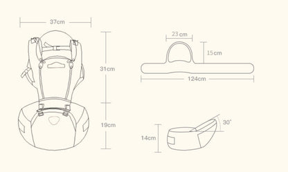 Technical drawing of a backpack with dimensions labeled Easy-On Baby Carrier SwiftWear Ergonomic Infant Carrier for Dads Moms bleu ribbon