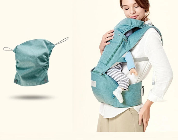 Person using a teal baby carrier with a small child inside, on a white background bleu ribbon