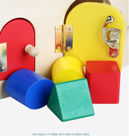 Colorful wooden toy door with a yellow doorbell on a white background bleu ribbon