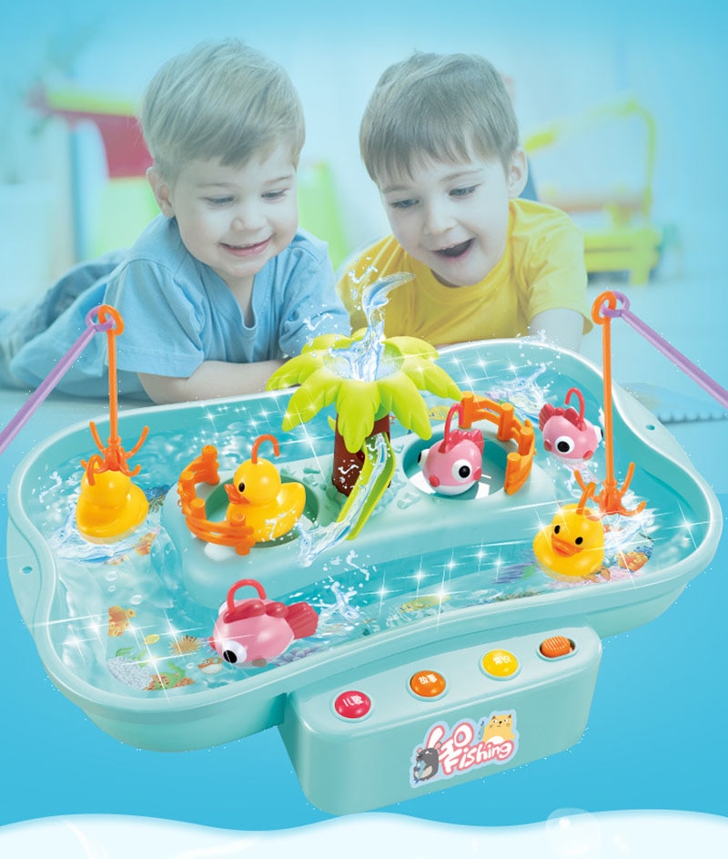 Children playing with a water play set featuring various toys in a bathtub. Electric Fishing Game with Water Magnetic Fish Tank Toy bleu ribbon