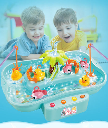 Children playing with a water play set featuring various toys in a bathtub. Electric Fishing Game with Water Magnetic Fish Tank Toy bleu ribbon