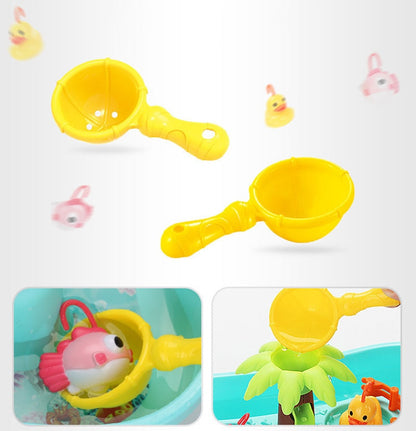 Yellow bath toys with handles on a white background Electric Fishing Game with Water Magnetic Fish Tank Toy bleu ribbon