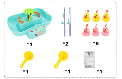 Set of beach toys including a sandcastle kit, shovels, and rubber ducks on a white background. bleu ribbon