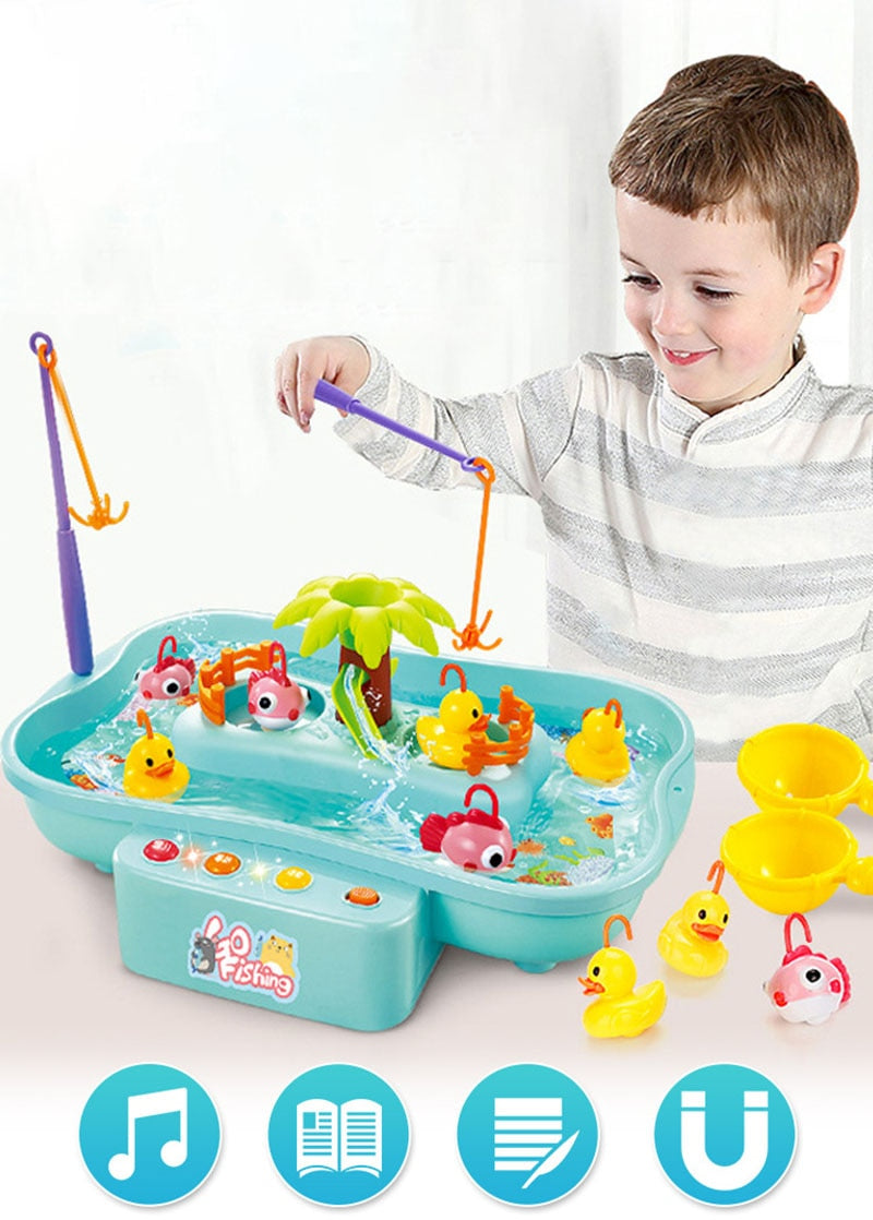Child playing with a fishing game toy set on a white background Electric Fishing Game with Water Magnetic Fish Tank Toy bleu ribbon