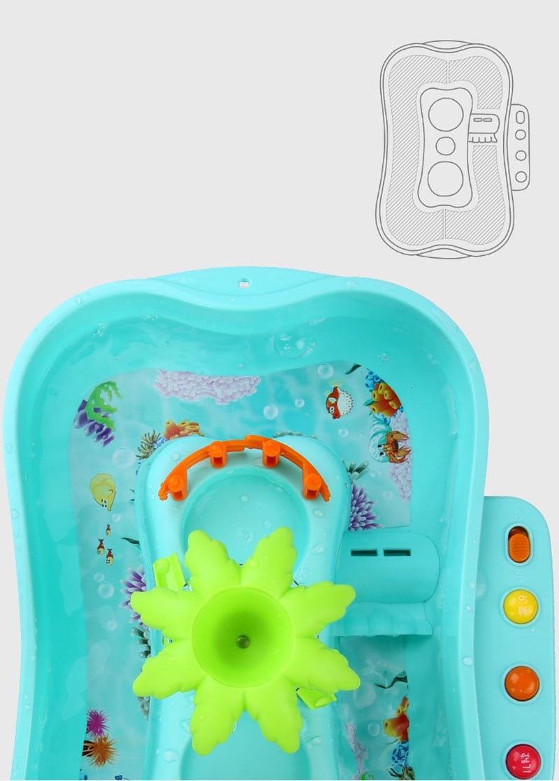 Children's bathtub seat with toy and floral decoration on a light blue background Electric Fishing Game with Water Magnetic Fish Tank Toy bleu ribbon