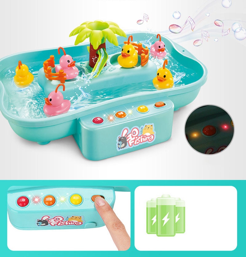 Children's fishing game toy with water basin, fish toys, and control panel on a light blue background. Electric Fishing Game with Water Magnetic Fish Tank Toy bleu ribbon