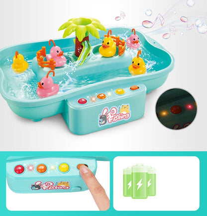 Children's fishing game toy with water basin, fish toys, and control panel on a light blue background. Electric Fishing Game with Water Magnetic Fish Tank Toy bleu ribbon