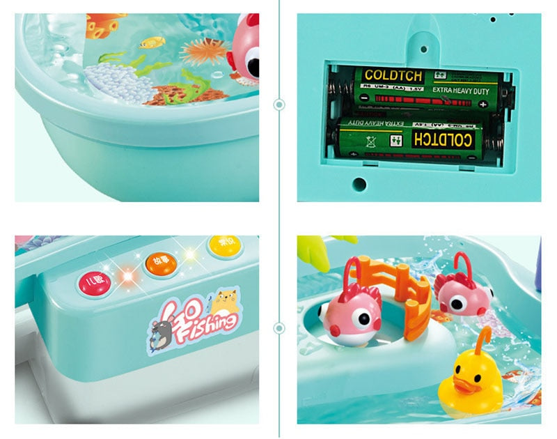 Bath toy set with fish, duck, and control panel on a light blue background Electric Fishing Game with Water Magnetic Fish Tank Toy bleu ribbon