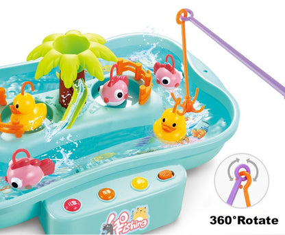 Toy fishing game with ducks and fish in a pool, featuring a 360-degree rotate feature. Electric Fishing Game with Water Magnetic Fish Tank Toy bleu ribbon