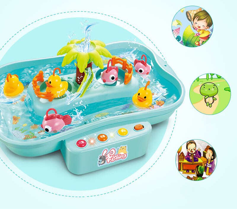 Children's water play set with toy ducks and accessories on a light blue background Electric Fishing Game with Water Magnetic Fish Tank Toy bleu ribbon